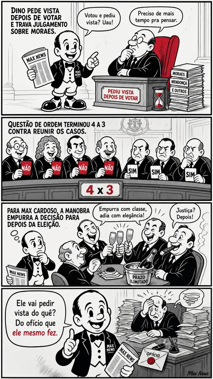 Tirinha vertical em quatro quadros sobre a manchete do dia: Dino pede vista depois de votar e trava julgamento sobre Moraes.