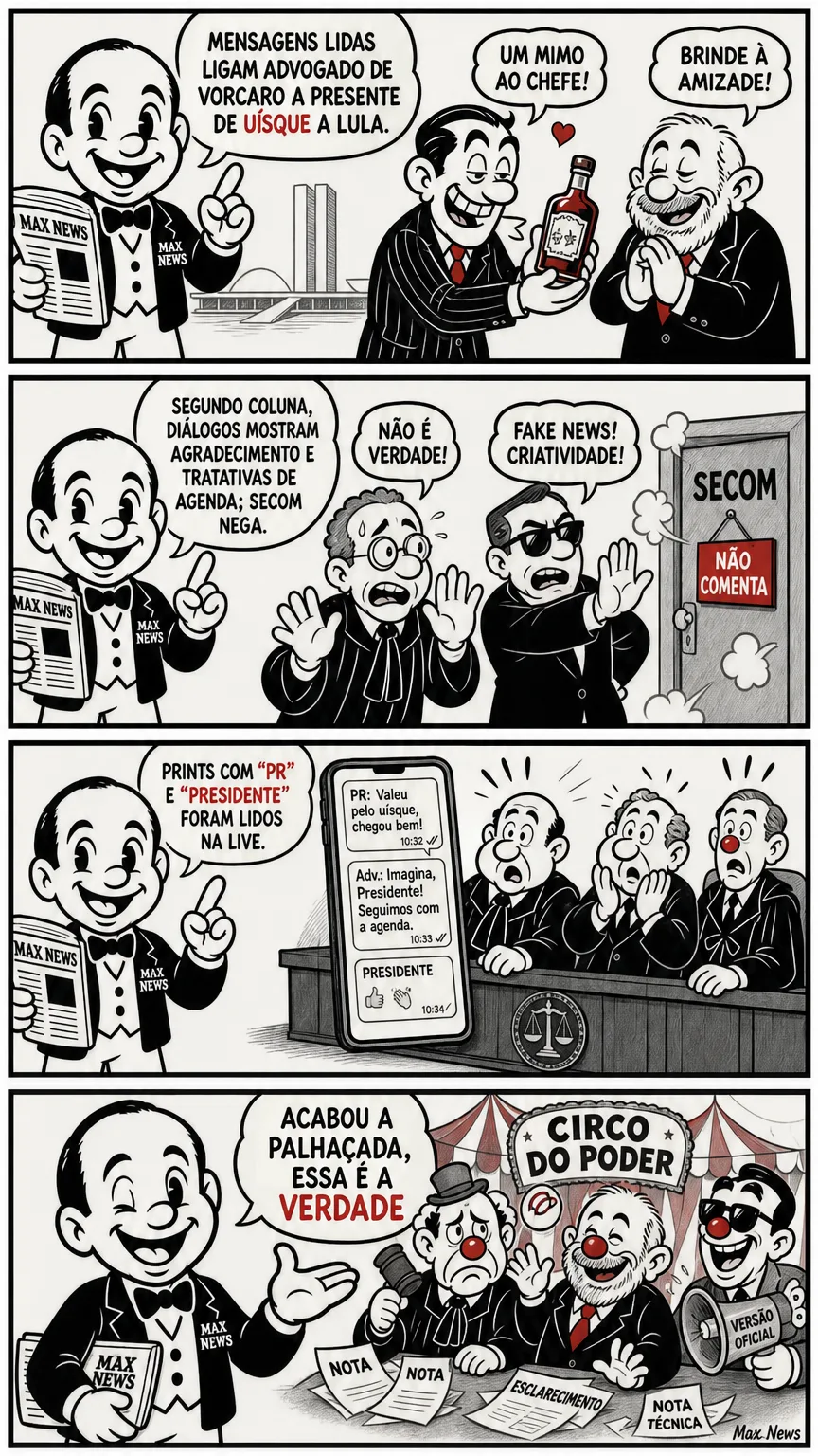 Tirinha vertical em quatro quadros sobre a manchete do dia: Mensagens lidas ligam advogado de Vorcaro a presente de uísque a Lula.